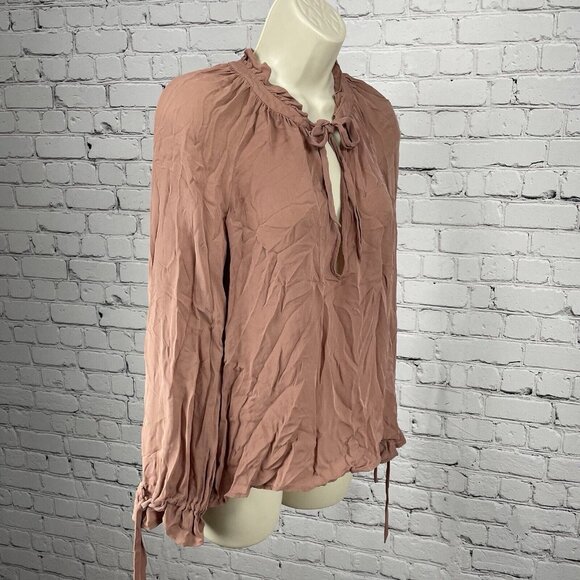 Paige Dusty Pink 100% Silk Long Sleeve Flowy Blouse Top Keyhole Flowy Size XS - Picture 10 of 12